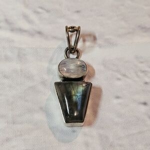 Labradorite Triangle And Round Moonstone Sterling Silver 925 Pendant